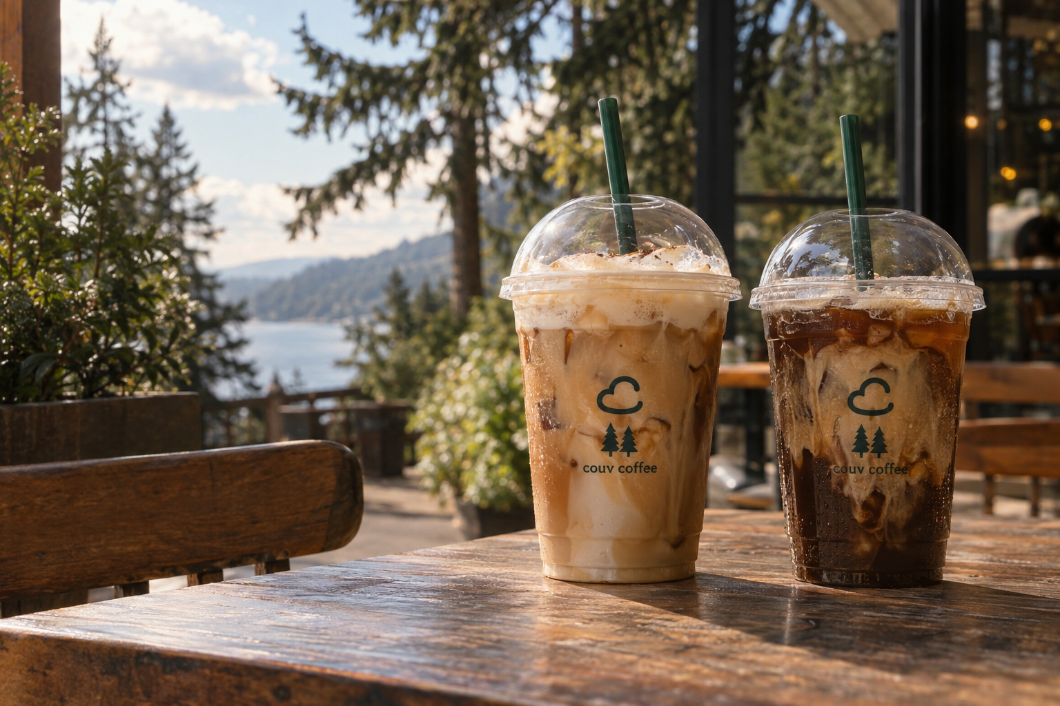 Couv Coffee cup styling with a cloud-shaped C, evergreen trees and warm iced coffee