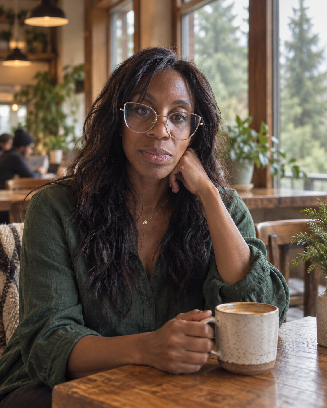 Michelle in forest green, seated by the window with a coffee
